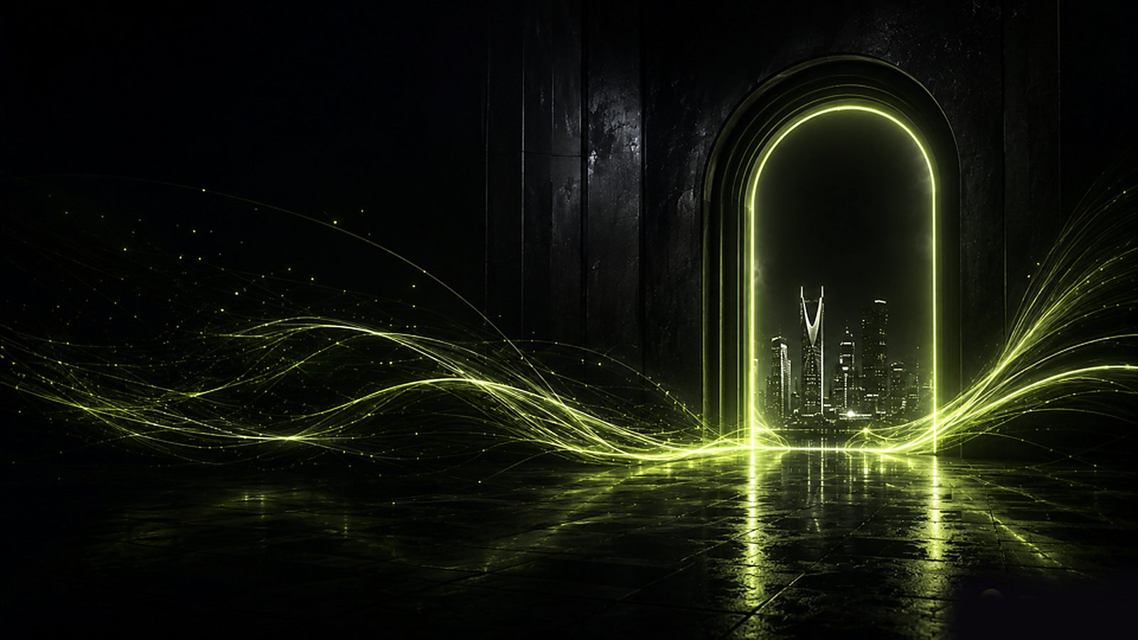 A glowing volt-green gate opening onto the Riyadh skyline, light streams flowing across a reflective floor toward it.