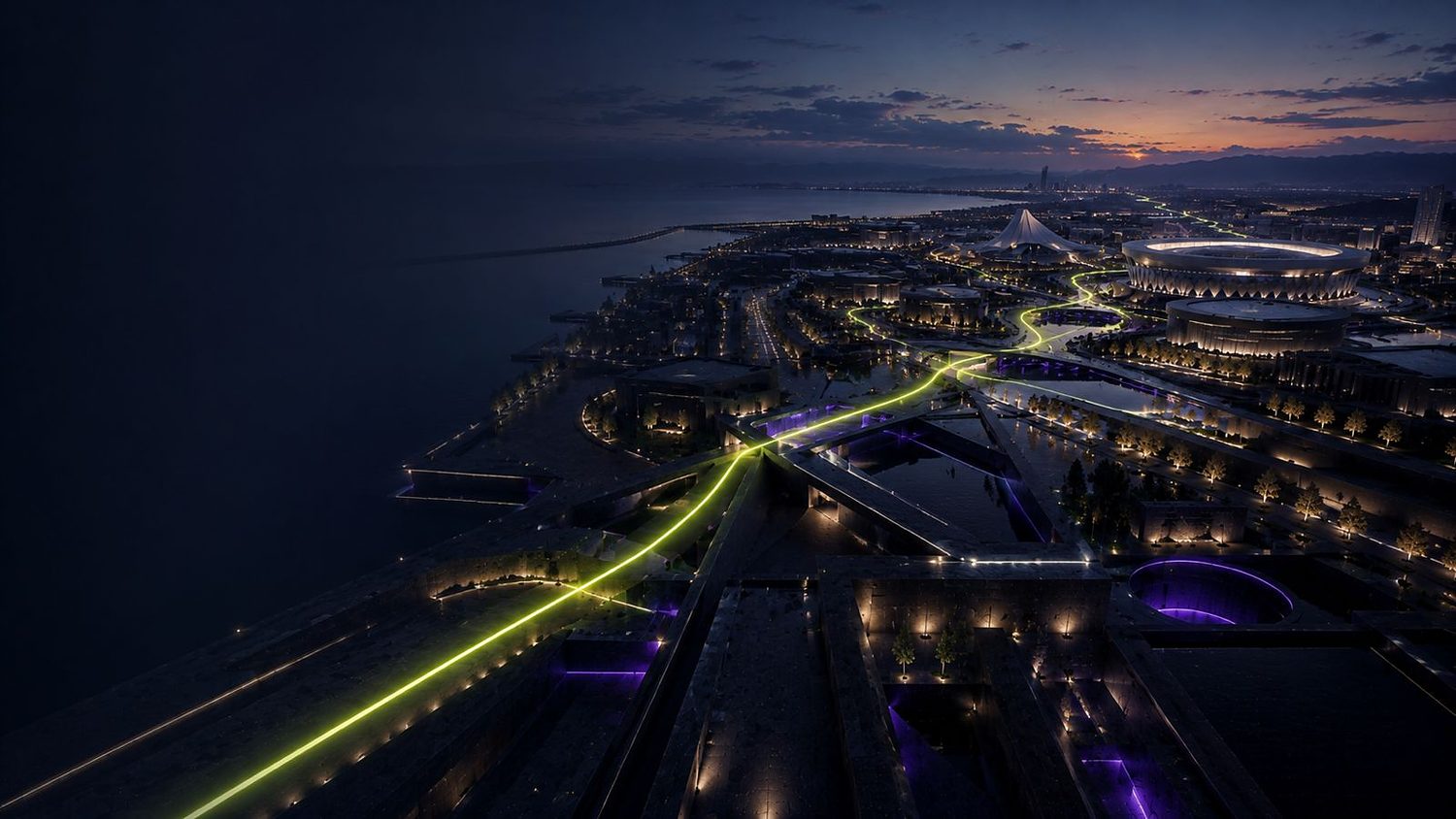 An aerial view of a Gulf city at dusk, a volt-green network threading across it toward the sea.
