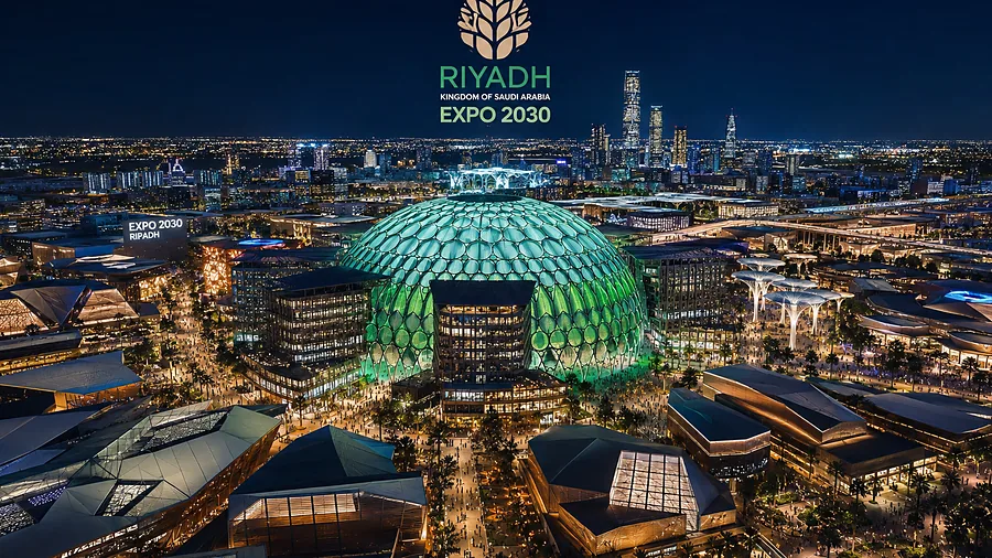 Riyadh Expo 2030 — the exhibition grounds and green dome from above.