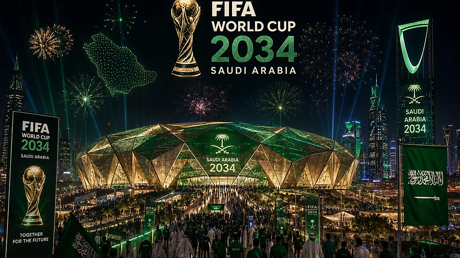 FIFA World Cup 2034 in Saudi Arabia — a stadium lit under fireworks.