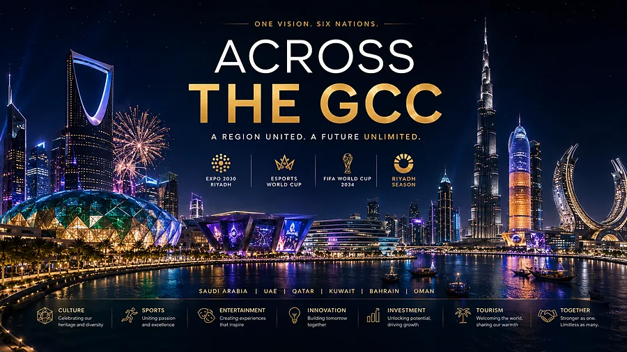 Across the GCC — Gulf skylines united under fireworks.